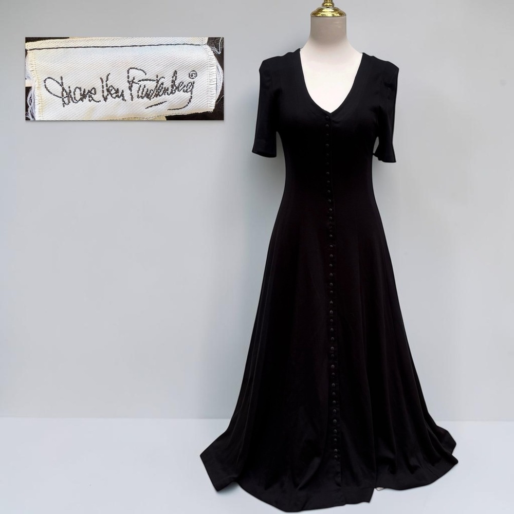 VTG 80s Diane von Furstenberg Midi Dress Sm Black Button Front V-Neck USA Jersey